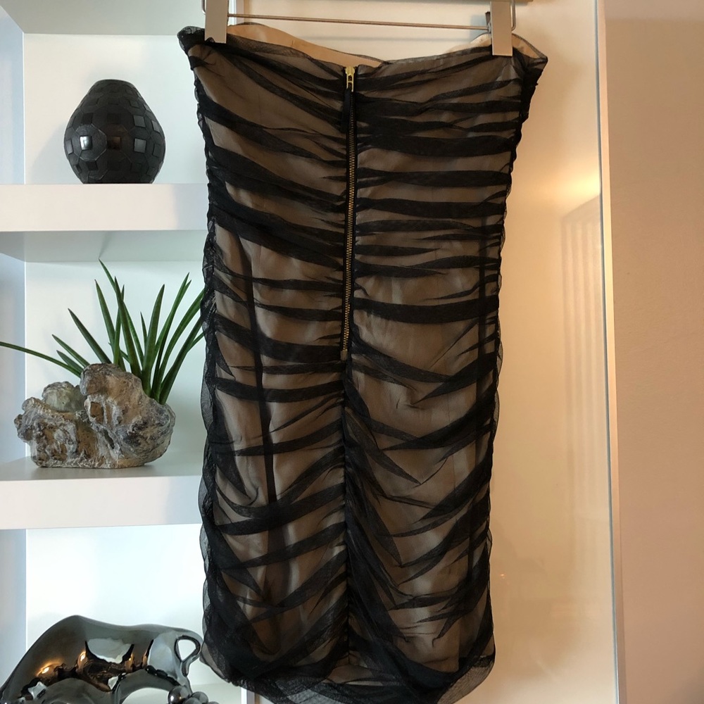 Strapless tan dress w/black sheer cover sexy&short